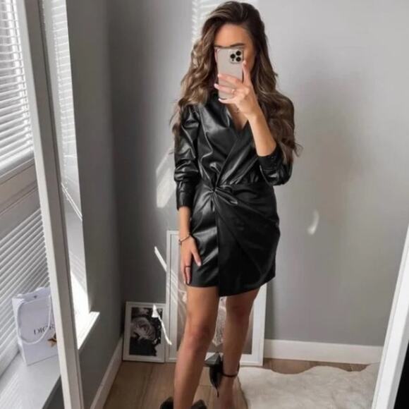 Zara Dresses & Skirts - Zara Black Faux Leather Dress Faux Wrap Shirt Dress Lapel Collar Size Small